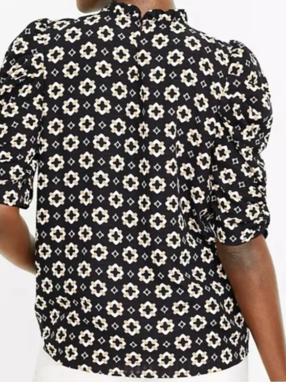 NWT LOFT Black Geo Print Ruffle Neck Blouse Size XXSP